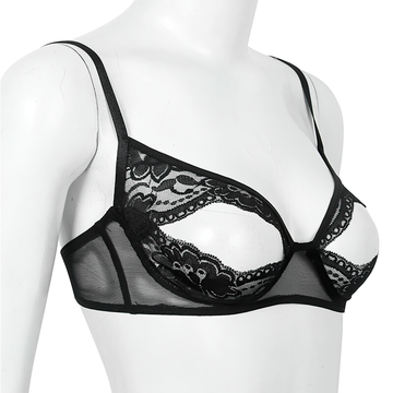Women's Sheer Lace Floral Lingerie / Spaghetti Straps Nipple Split Wire-Free Sexy Bra - EVE's SECRETS